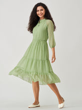 Green Mist Chiffon Brasso Swiss Dot V-Neck Dress